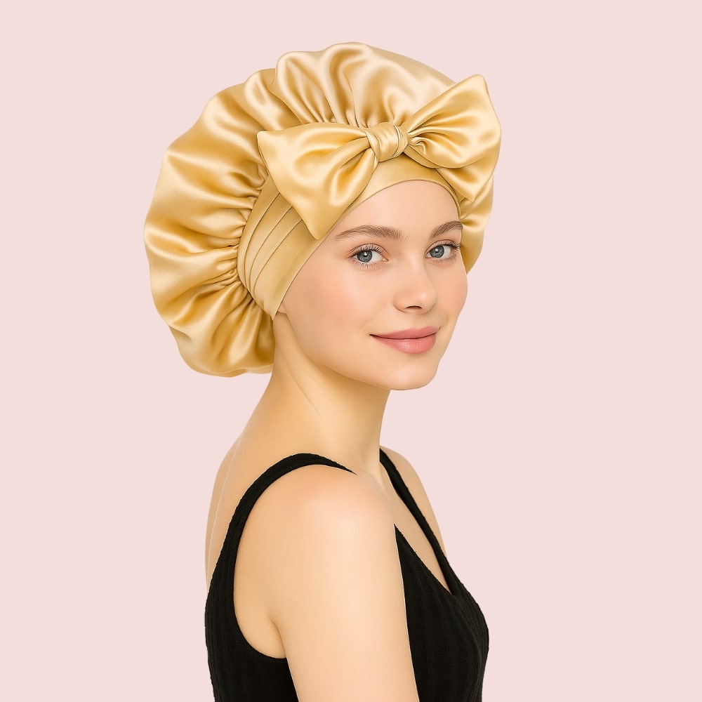 bonnet en satin doux pour les cheveux, sans abîmer, beige