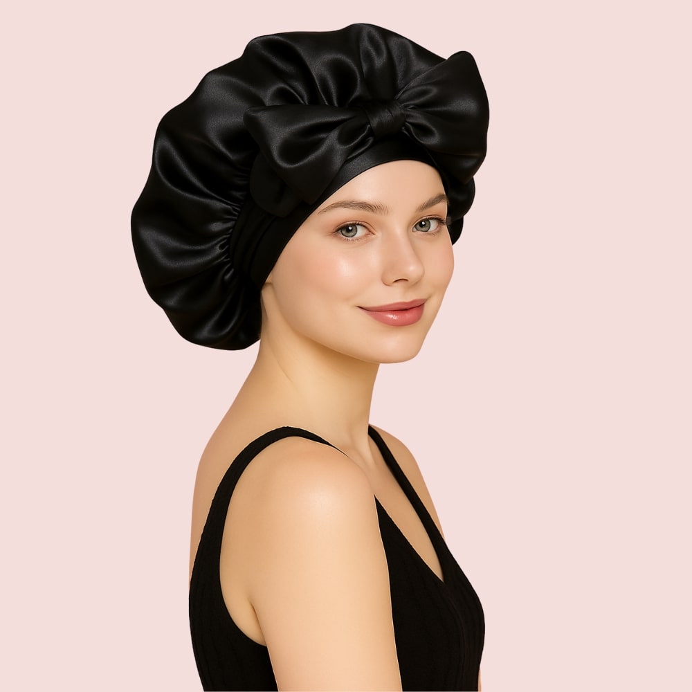 bonnet en satin doux pour les cheveux, sans abîmer, noir