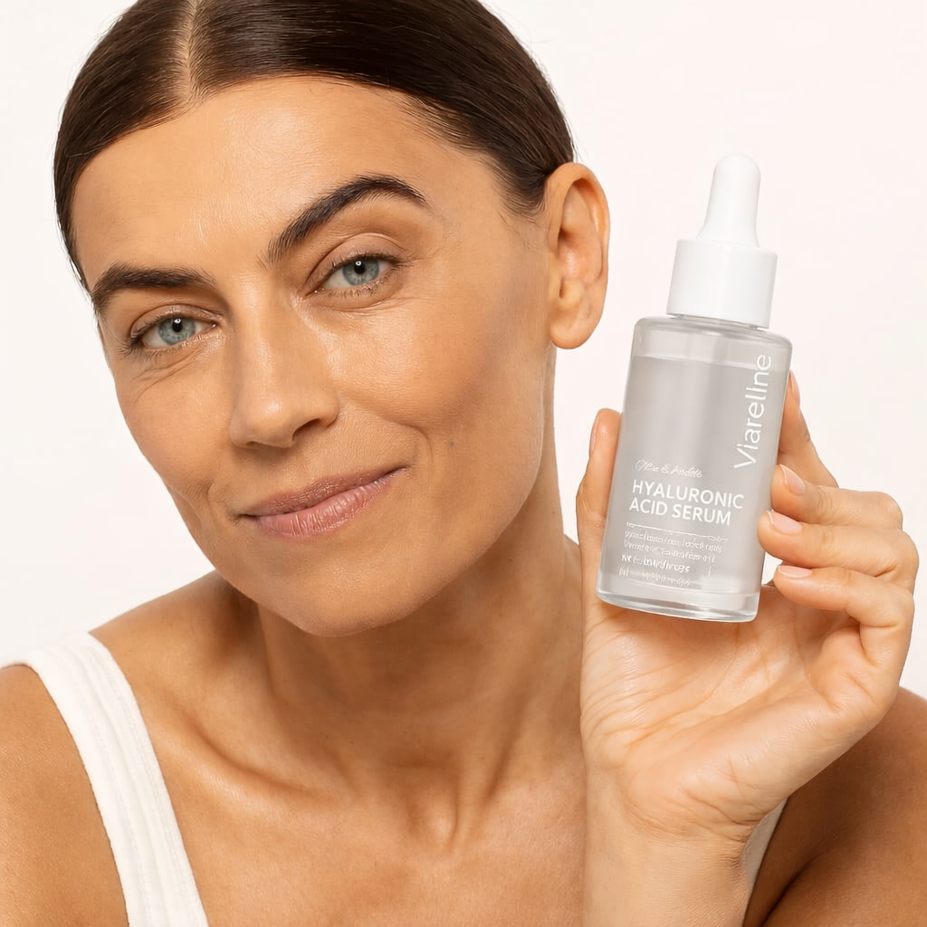 sérum à l'acide hyaluronique en flacon dans la main d'une femme portrait